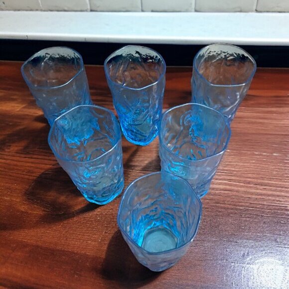 Morgantown Seneca Peacock Blue Driftwood  6-Set Tumbler Glasses Crinkle 12 oz - Picture 3 of 16